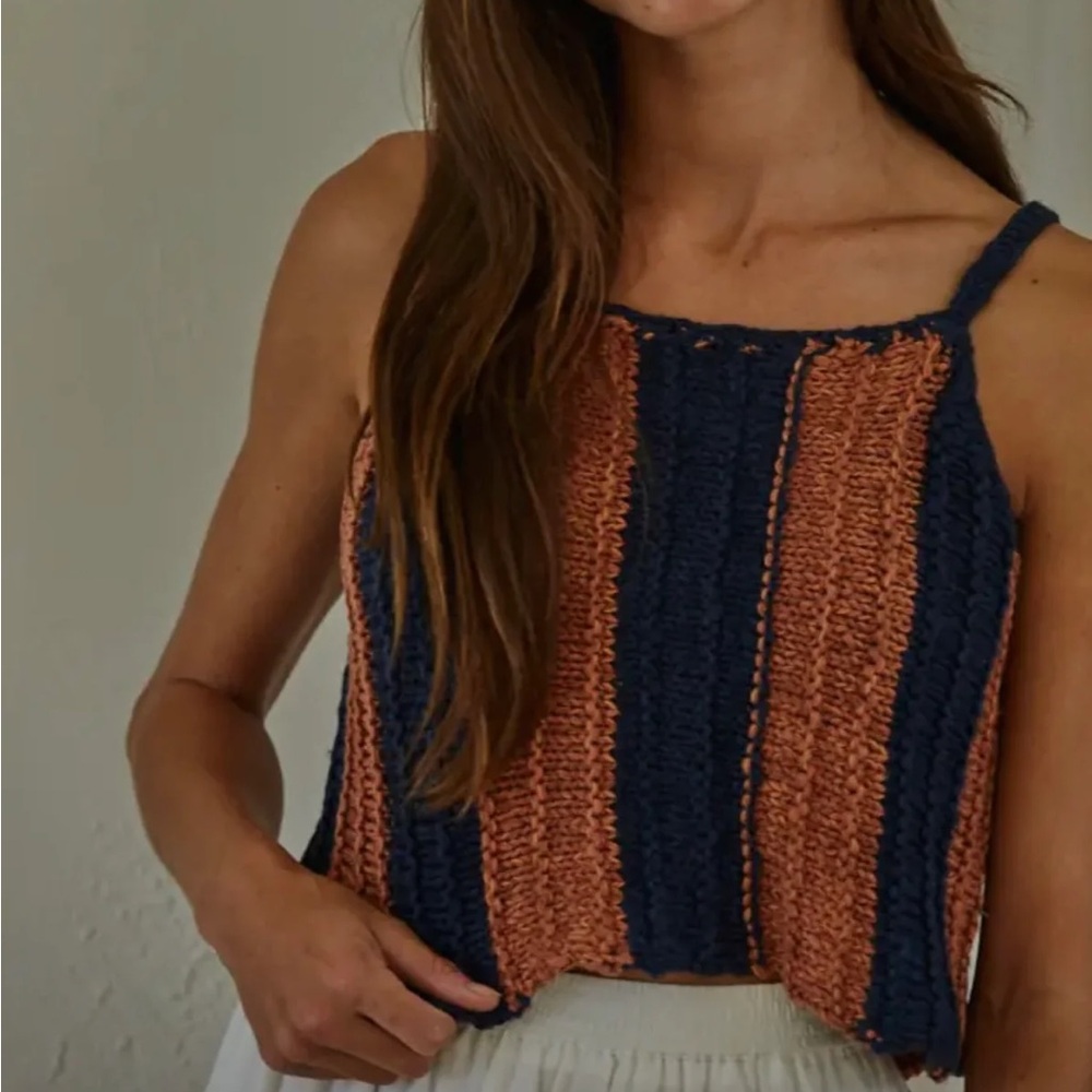 Free People Cropped Top Easy Street NWOT Striped Knit Cami brown navy S